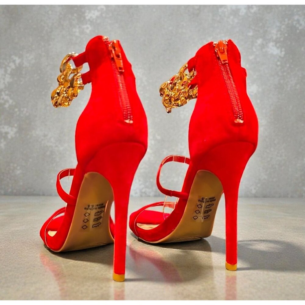 Red High Heel Sandals With Gold Chain Ankle Strap - Picture 6 of 10